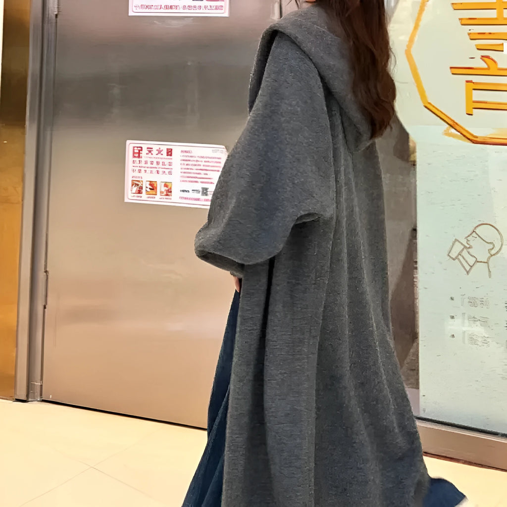 Women's longline knitted hooded cardigan in brown, loose fit Korean casual style.
