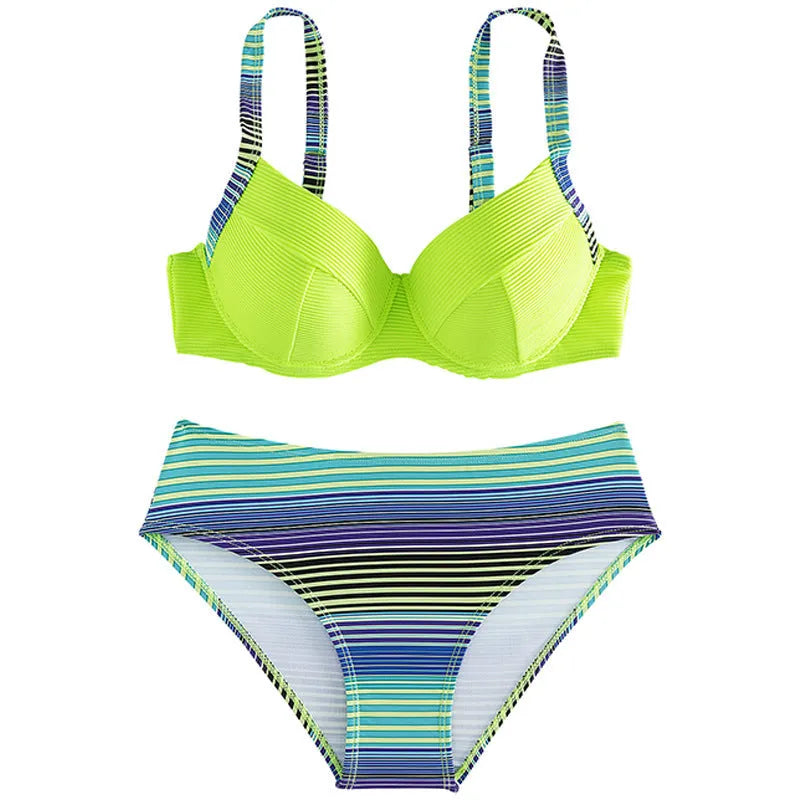 Green printed halter bikini set with split briefs for women in polyester fabric
