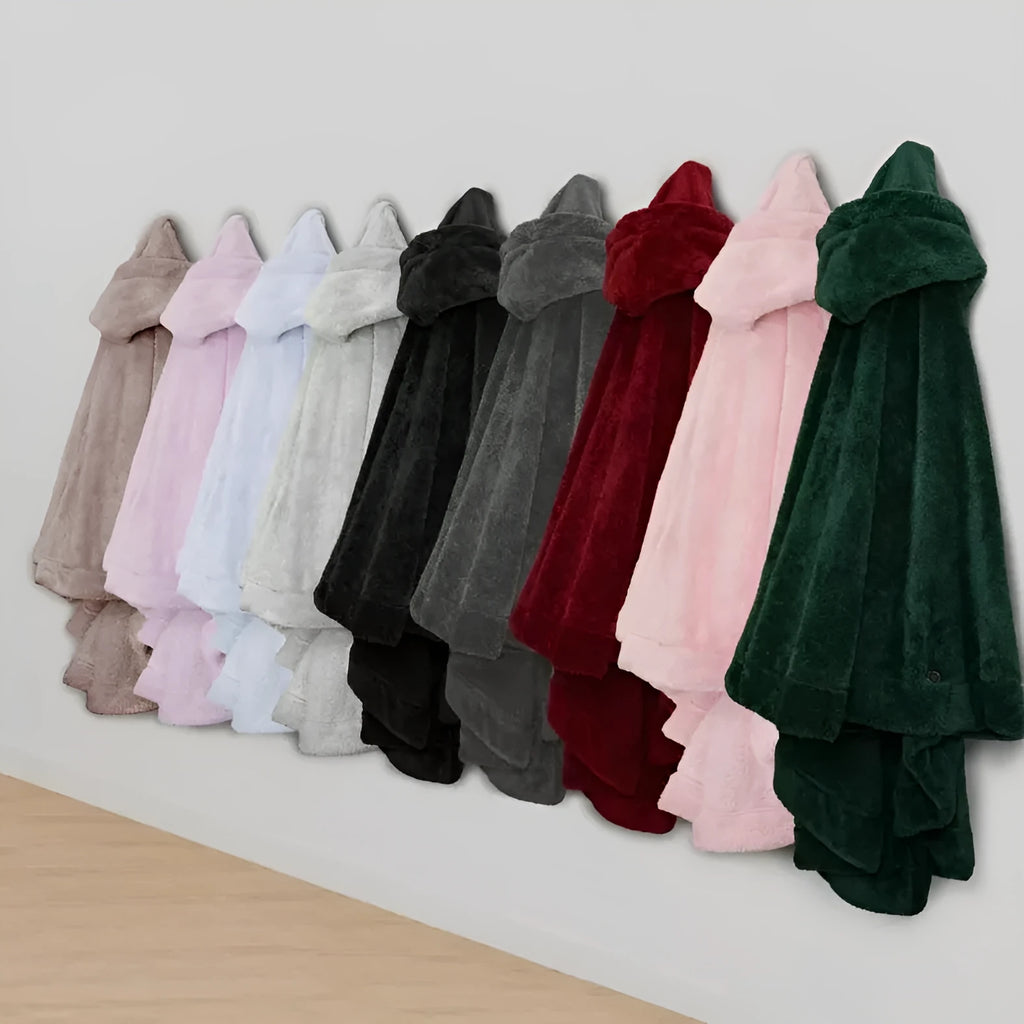 A thick black hooded bathrobe cardigan with long sleeves, shown hanging.