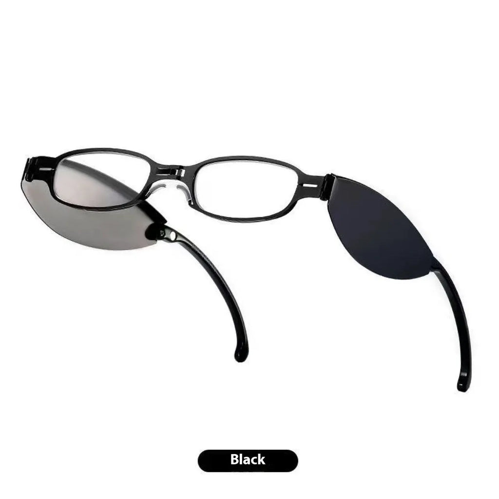 Folding pocket presbyopic glasses with retro frame, shown in black and silver colours