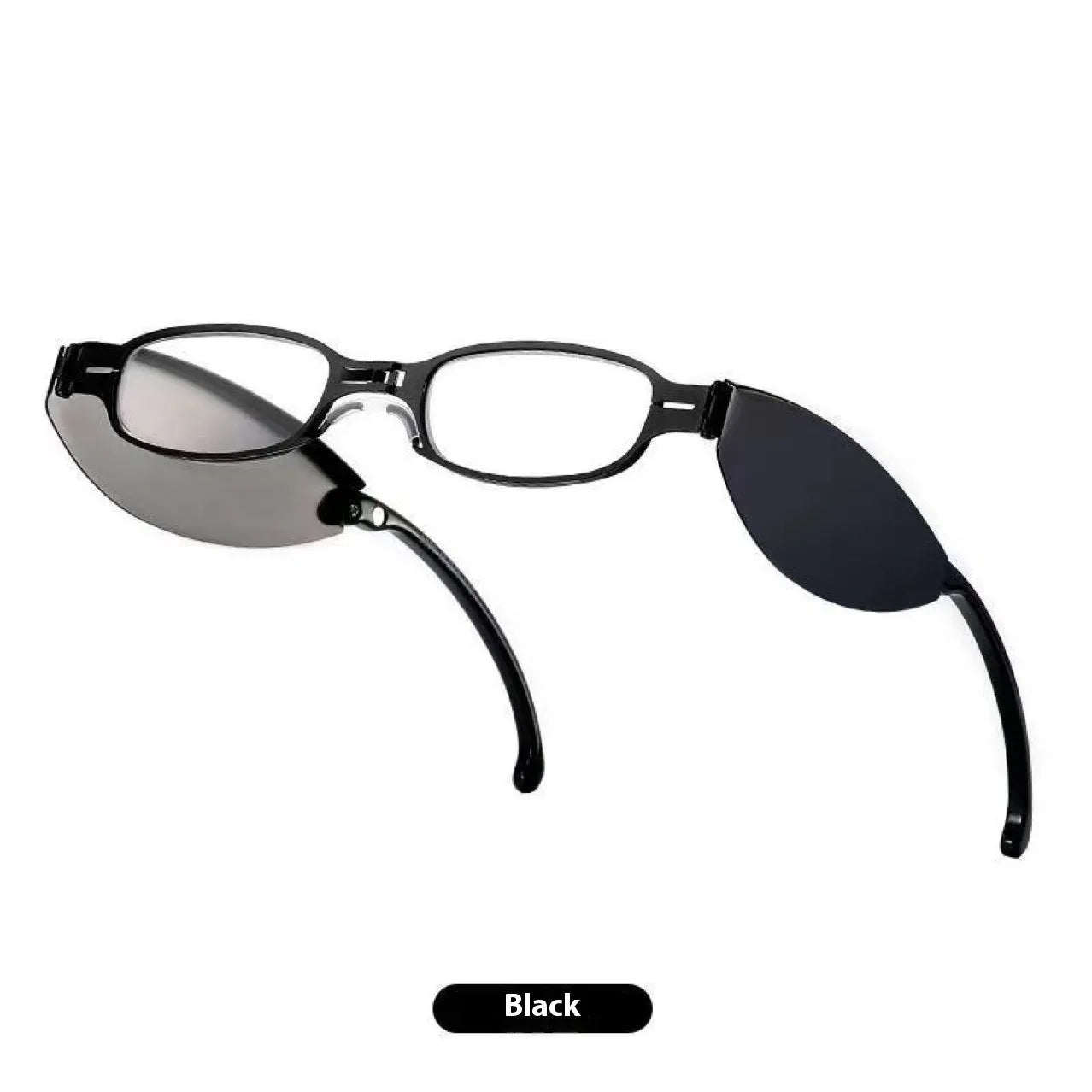 Folding pocket presbyopic glasses with retro frame, shown in black and silver colours