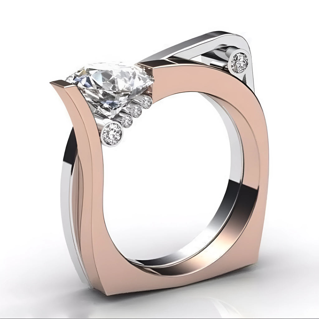 Rose gold electroplated geometric couple rings with zircon inlay decoration