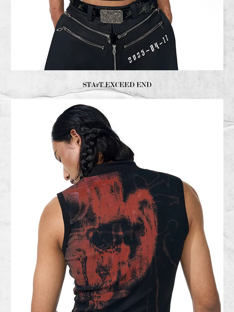 Black and white half-turtleneck sleeveless t-shirt with character print, slim-fit Korean style.