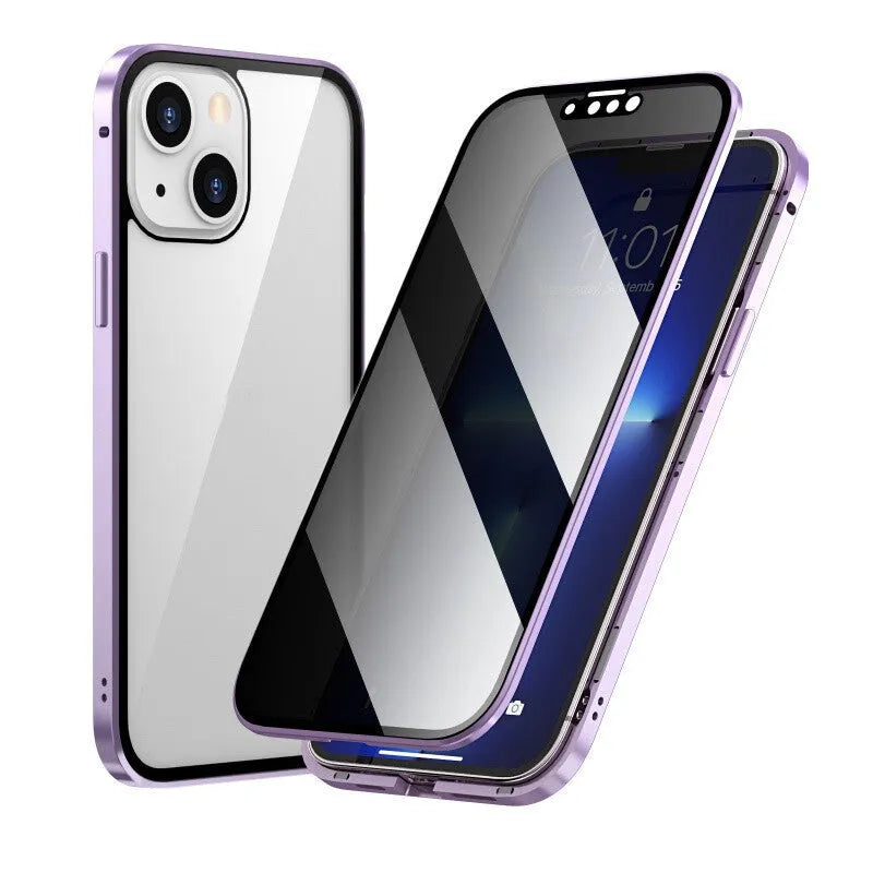 Double-sided metal privacy-proof phone case for iPhone in black, red, gold, silver, pink, light purple, navy blue, and yuanfeng blue.