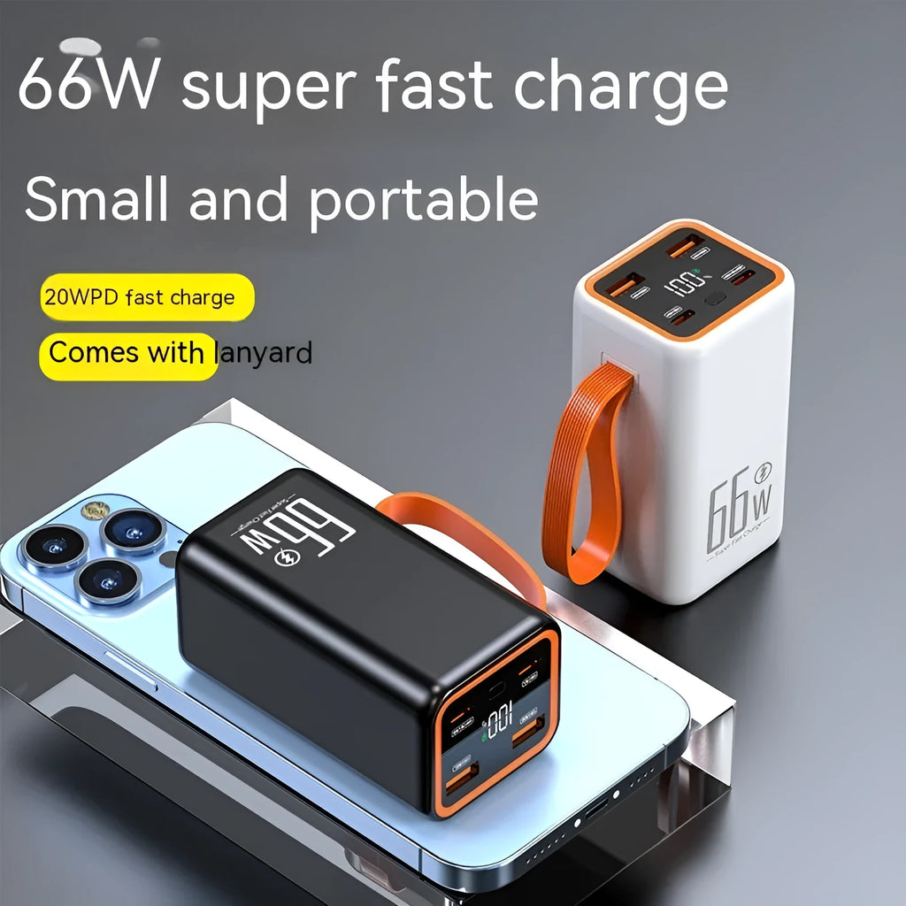 Black and white 20000 mAh fast charge power bank with creative design measuring 95mm
