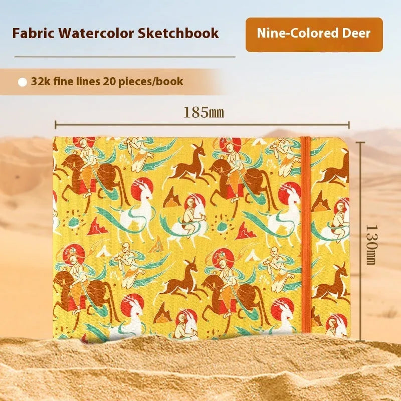 Feiluniao handmade fabric watercolour sketchbook with decorative cover, shown at 185mm length.