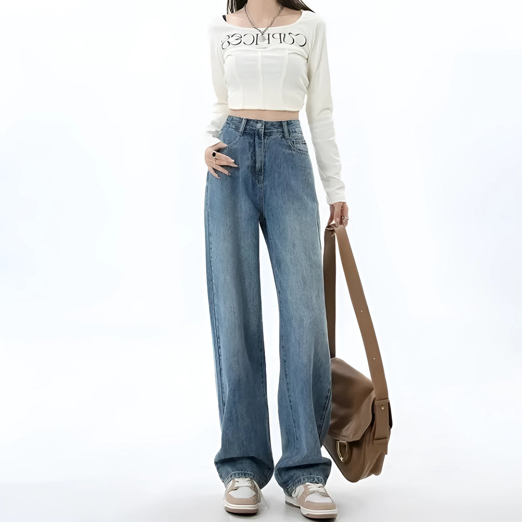 Women's high waist wide leg jeans in retro blue denim with straight leg silhouette
