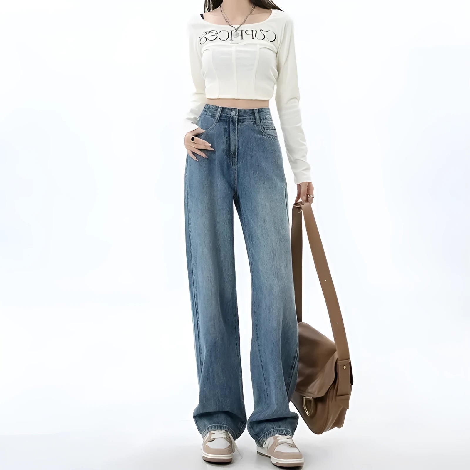 Women's high waist wide leg jeans in retro blue denim with straight leg silhouette
