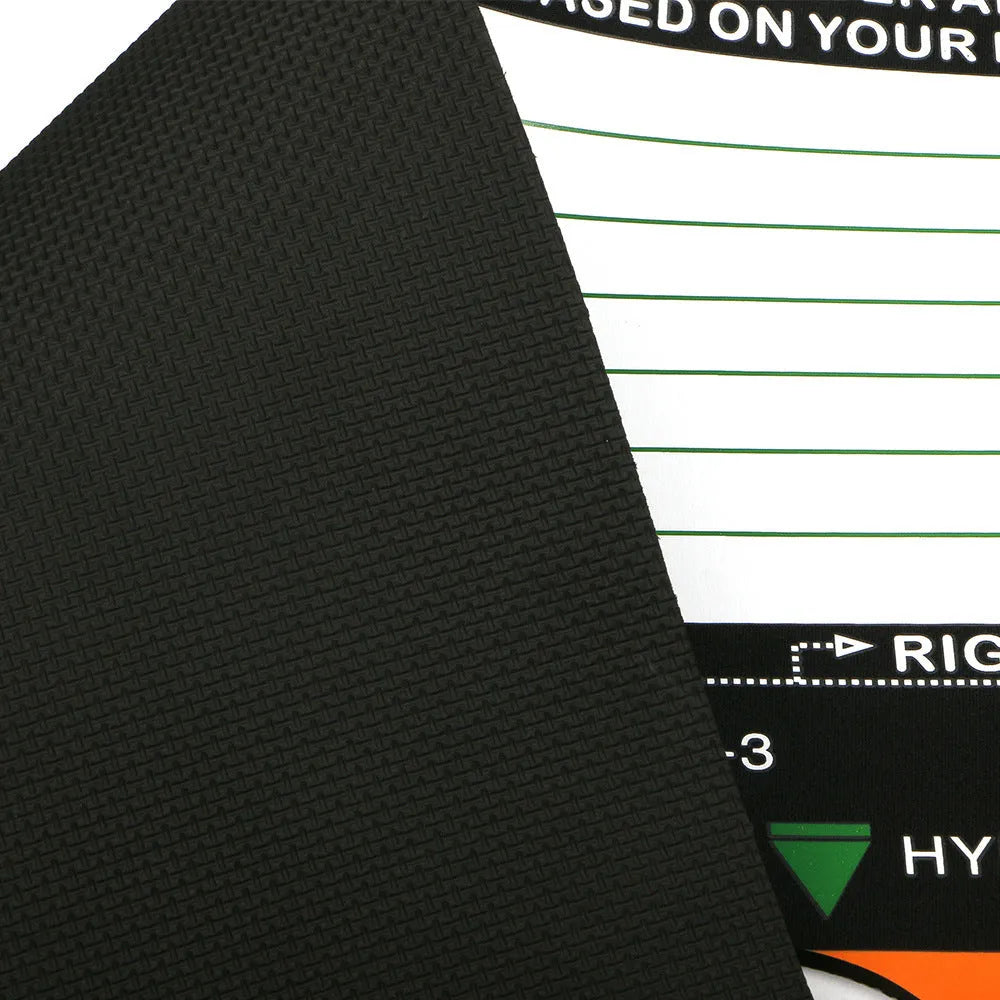 Black neoprene golf swing posture training pad with alignment markings for stance correction.