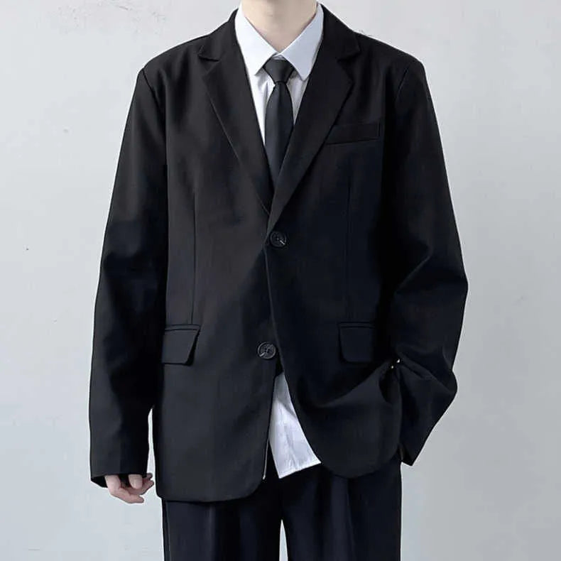 Plus size loose fit men's suit jacket and trousers set with white shirt and tie on a hanger