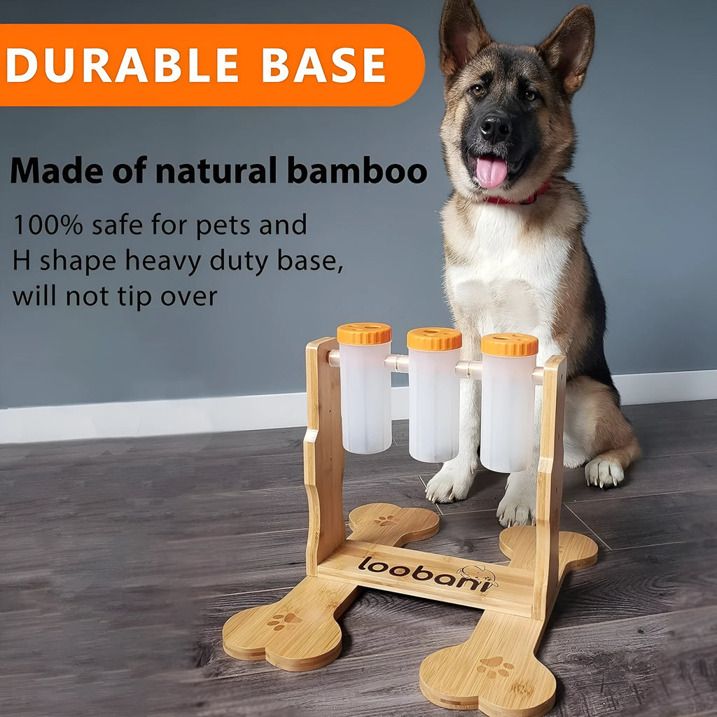 Wooden dog puzzle feeder with multiple compartments measuring 31×30×20cm