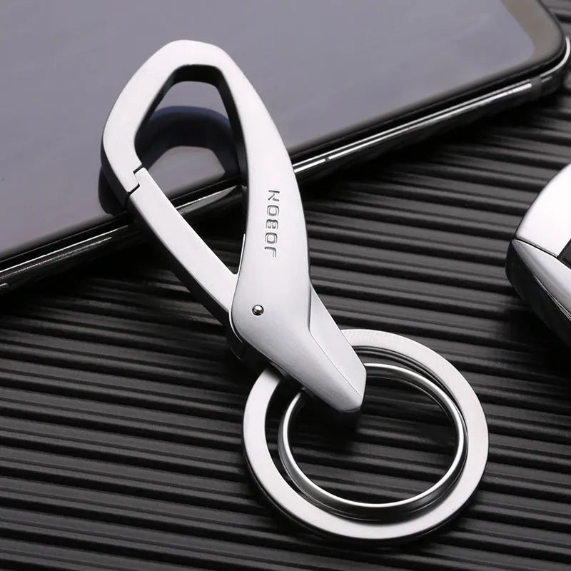 Zinc alloy double ring car key chain in black, chrome, and nickel colour options showing 8.3cm size