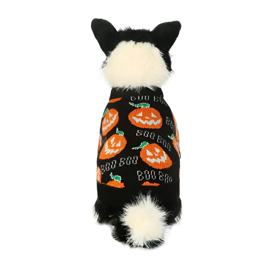 Black dog sweater with pumpkin pattern for Halloween in sizes S to XXL