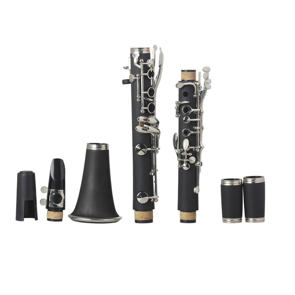 Black clarinet with 17 nickel-plated keys and protective carrying bag