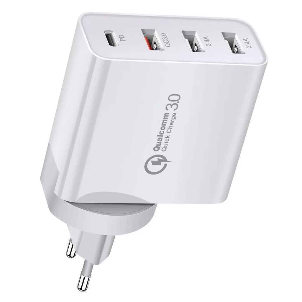 White fast charging mobile phone charger head with multiple USB ports and international plug adaptors