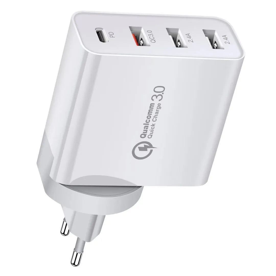 White fast charging mobile phone charger head with multiple USB ports and international plug adaptors