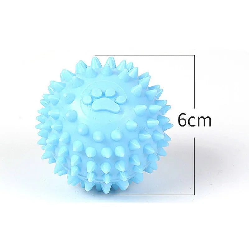 Blue TPR pet chewing ball with footprint texture and tooth-cleaning ridges measuring 6cm diameter