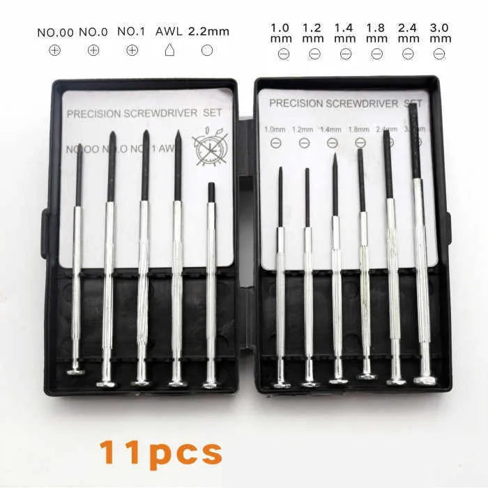 11-piece clock repair screwdriver set with cross and slotted heads for electronics maintenance