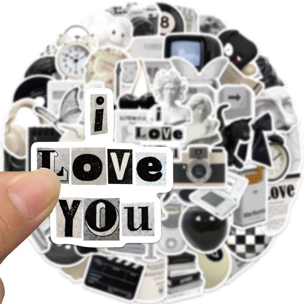 Black and white PVC waterproof sticker set with 61 painting designs for laptops and phones