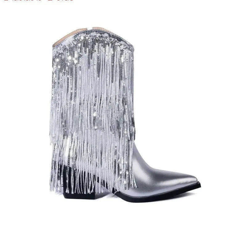 Women's black chunky heel tassel ankle boots with a pointed toe and stiletto heel.