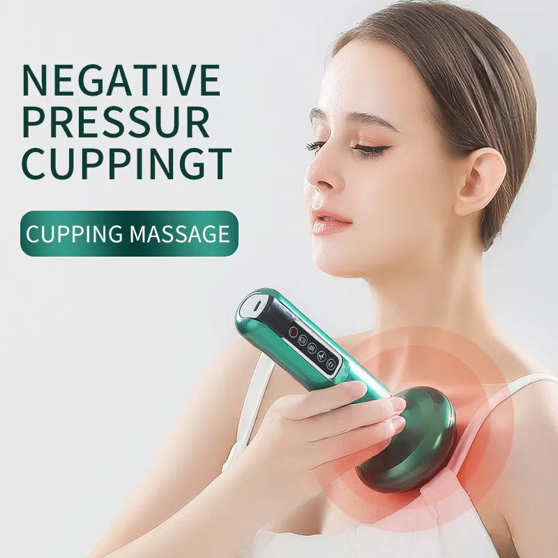 Green electric vacuum cupping massager with gua sha head on a white background.