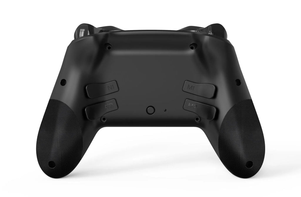 Black wireless Nintendo Switch controller with leather pattern texture on ABS plastic body