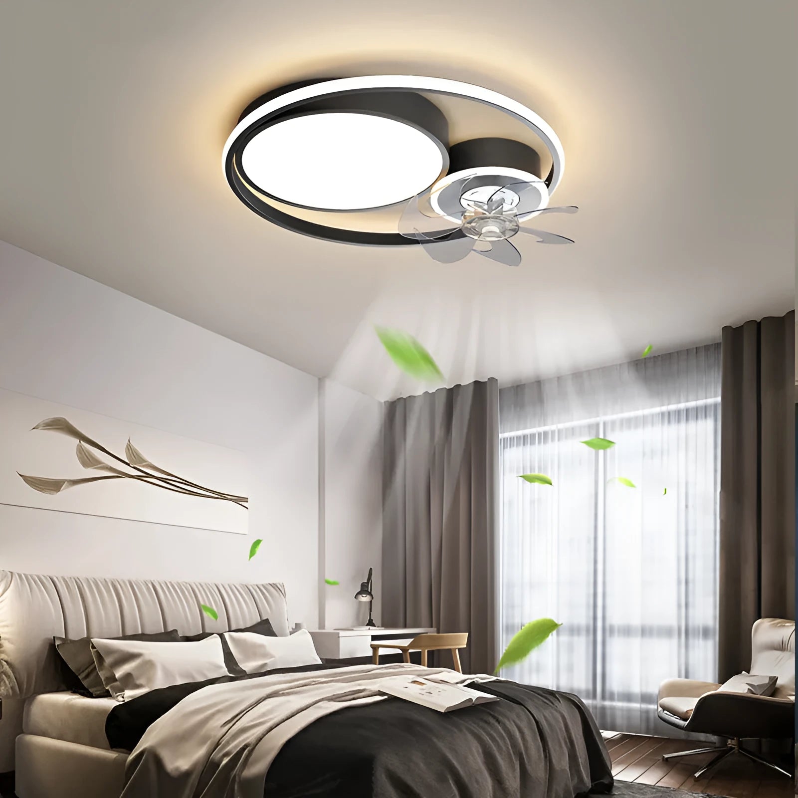 European style ceiling fan with integrated acrylic light shade and 48cm metal blades, in black finish.