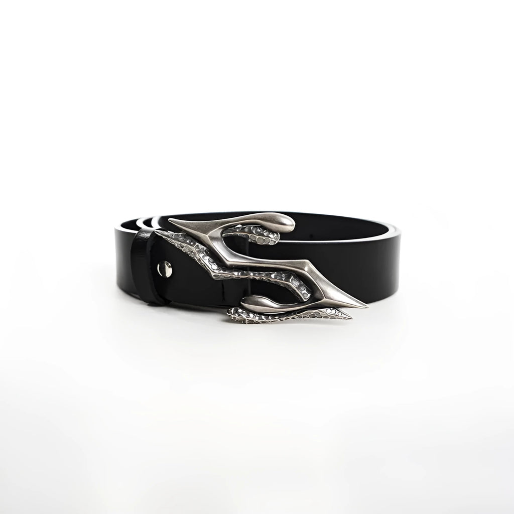 Black men's leather belt with metal letter detail showing two-layer cowhide construction