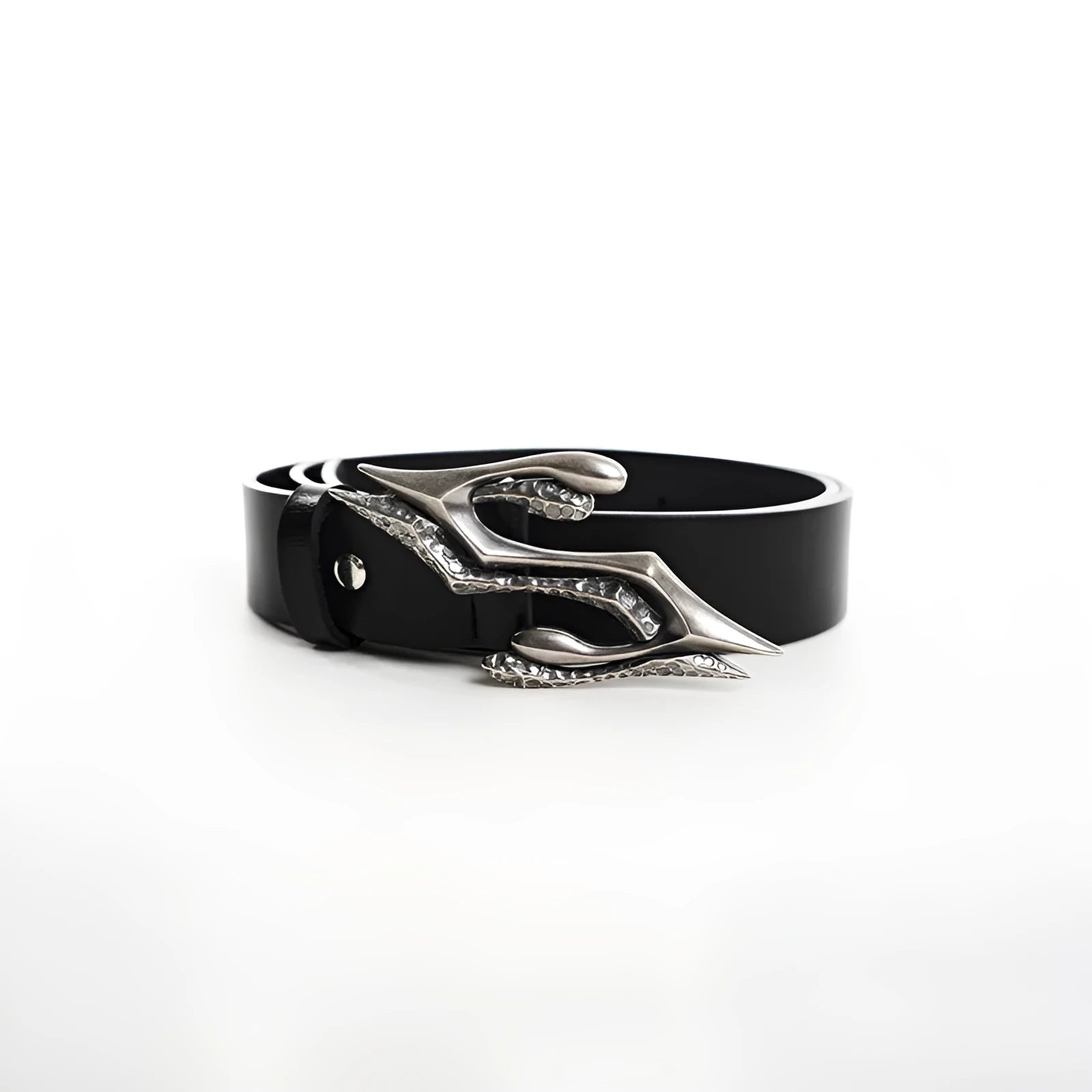 Black men's leather belt with metal letter detail showing two-layer cowhide construction