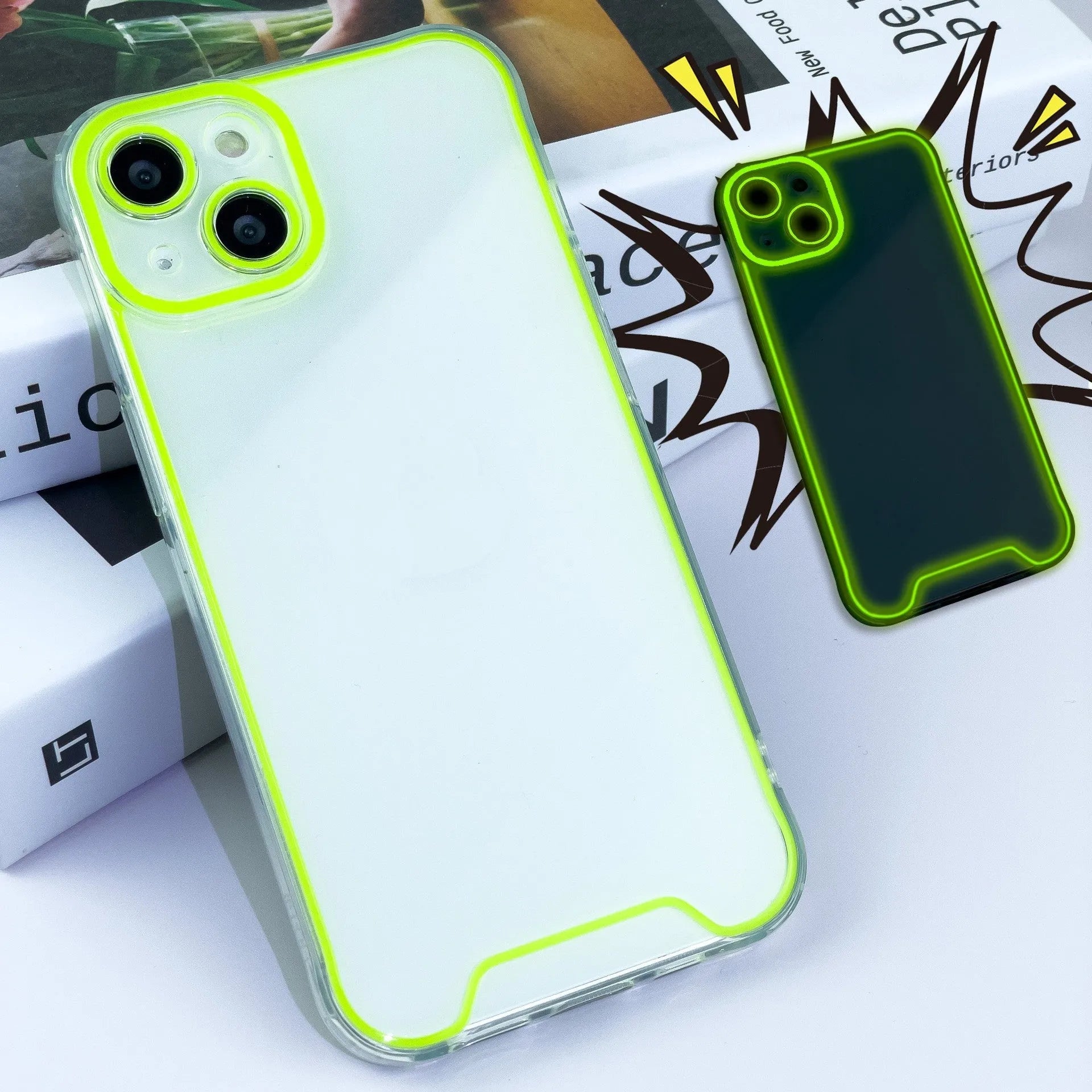 Glow in the dark green soft TPU phone case for Apple iPhone on a dark background.