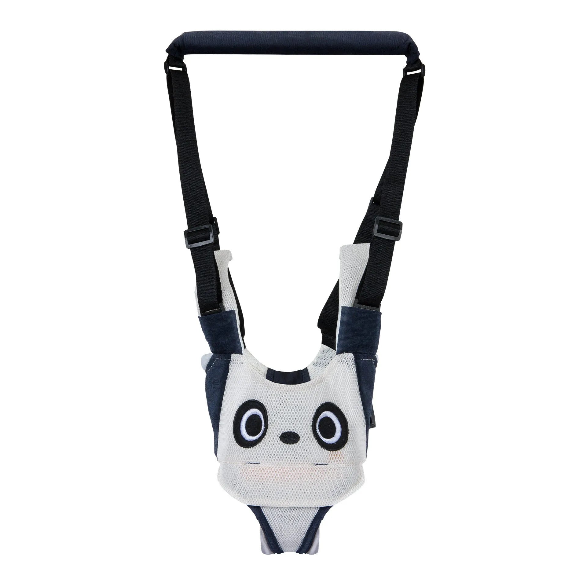 Blue cotton baby walking harness belt with straps, shown being used to support a toddler learning to walk.