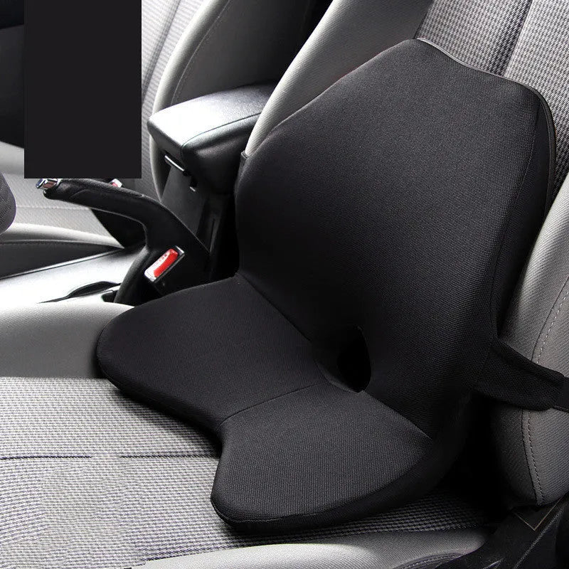 Memory foam car waist support cushion in beige colour, shown alongside optional matching headrest.
