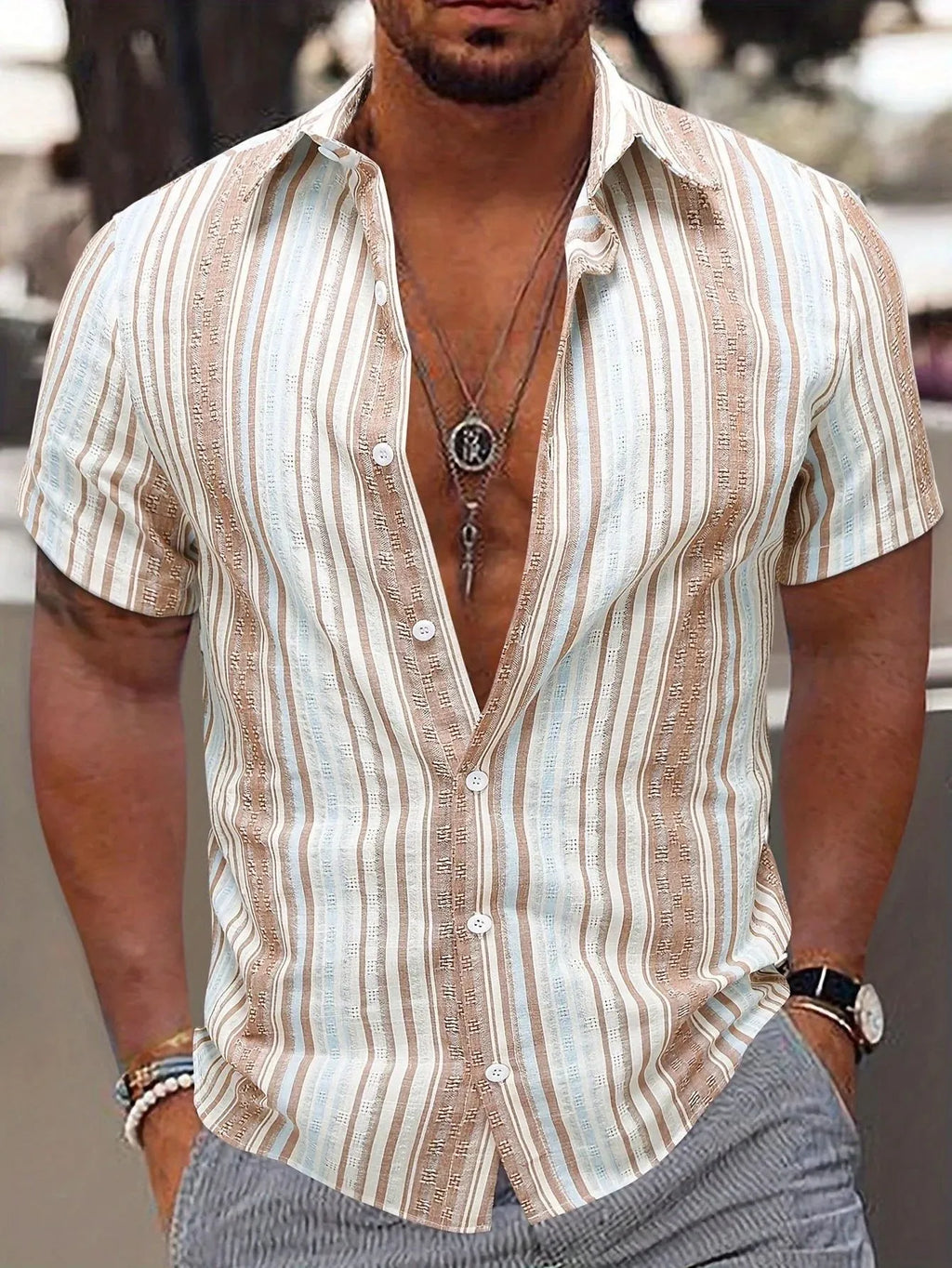 Men's striped short sleeve shirt with 3D digital printing in apricot, blue, white or yellow colours