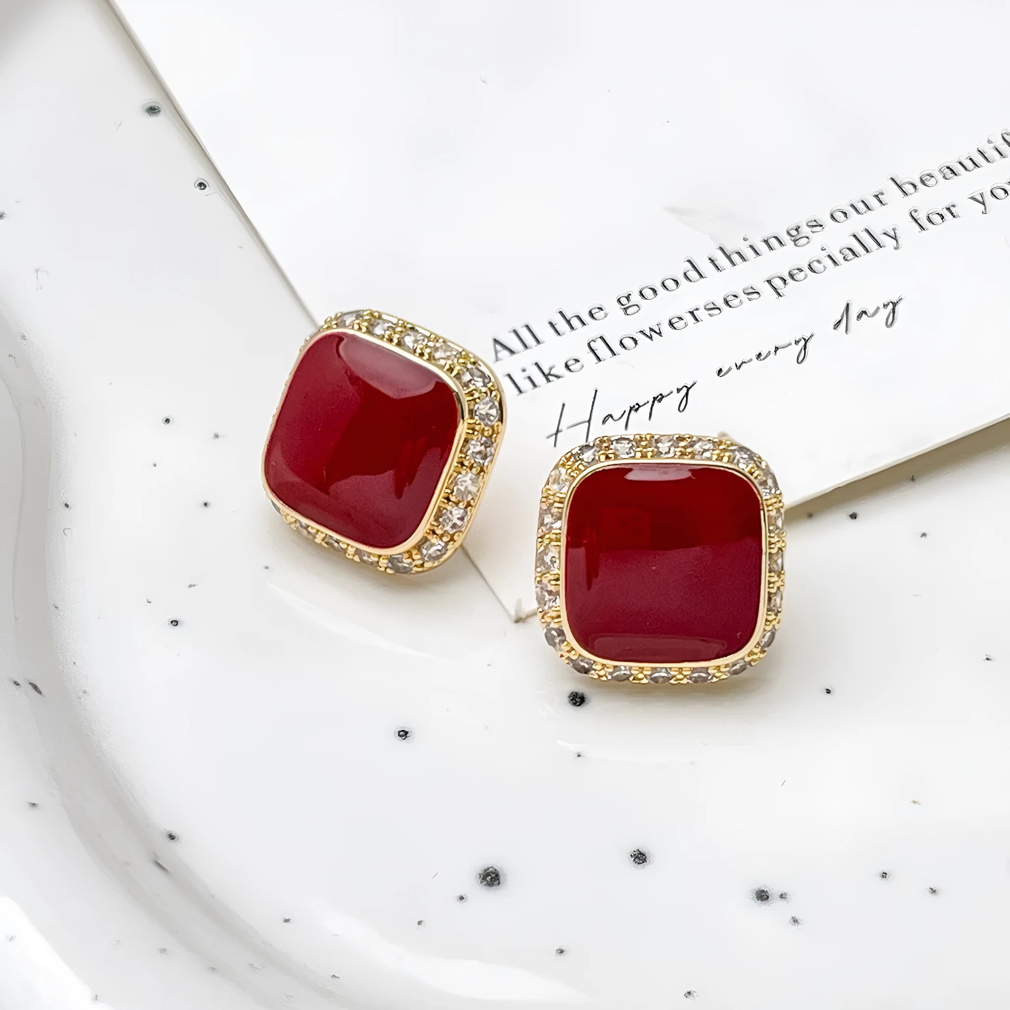 Red square-shaped alloy earrings for women with geometric design and Seiko-treated finish.