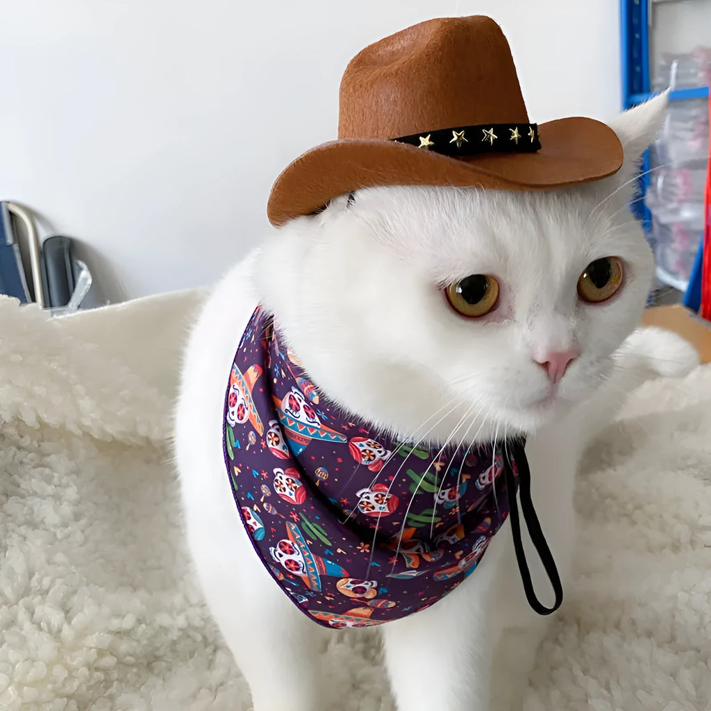 British cowboy style hat for a cat, made from brown non woven fabric with a black ribbon trim.
