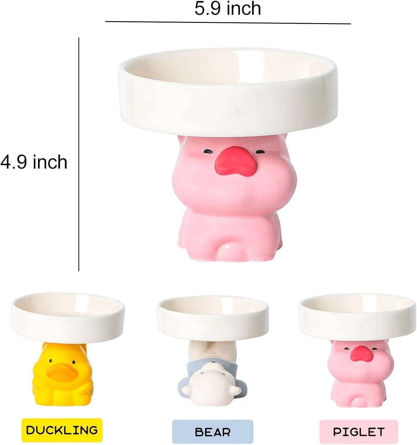 Raised ceramic cat food bowl in animal theme design, showing 12.5cm height and 15cm width.