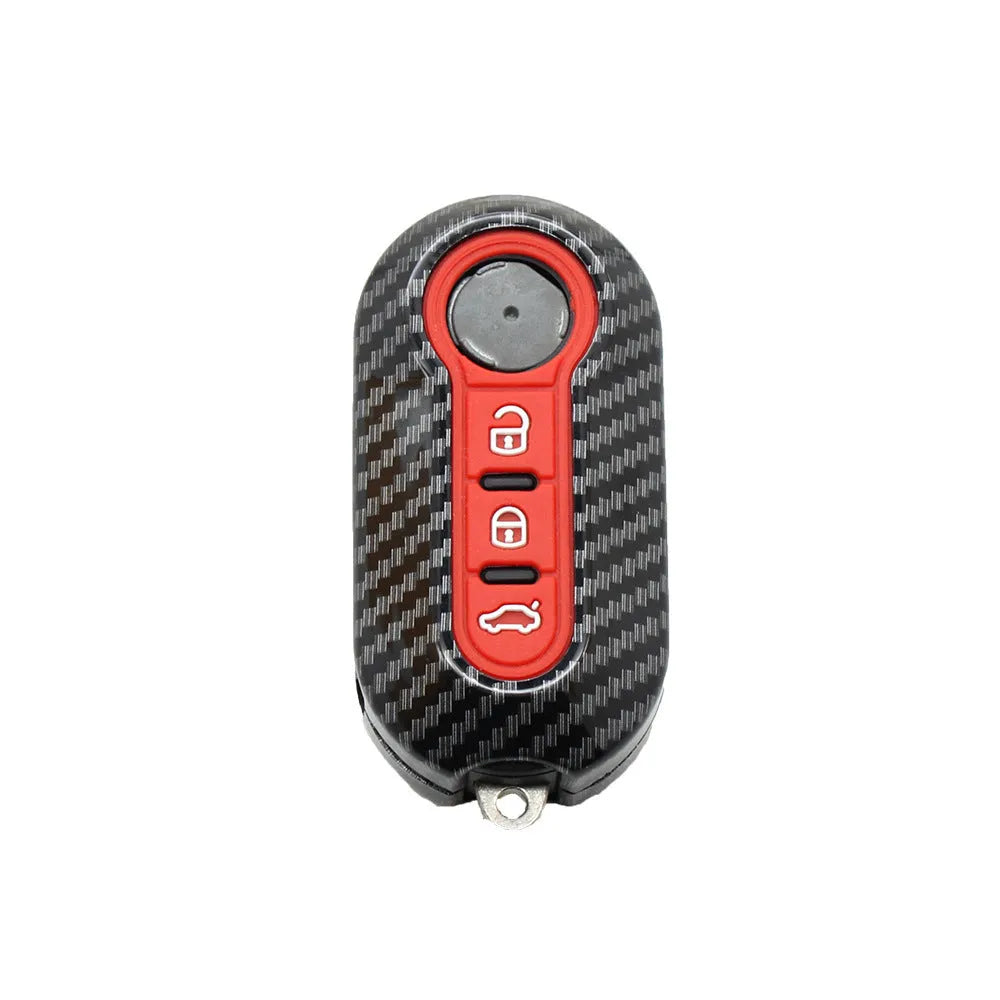 Fiat 500 Boyue Ottimo Viaggio carbon fibre design remote key case in black, red, and dark blue