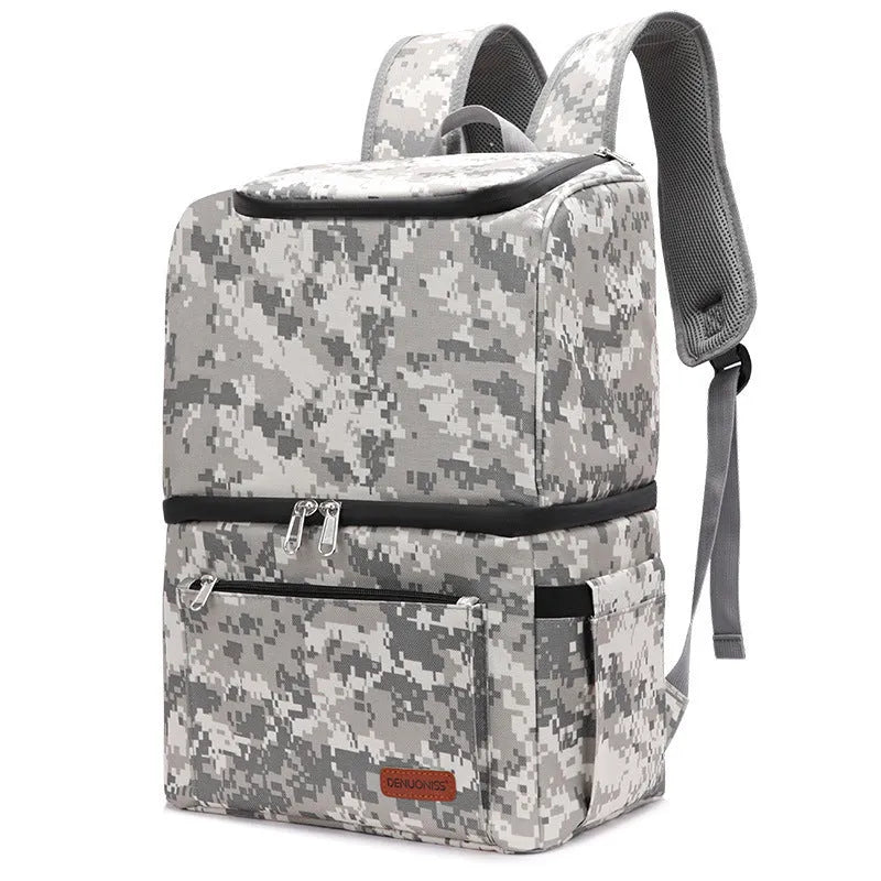 Blue insulated waterproof picnic backpack with 22L capacity and ice pack compartments