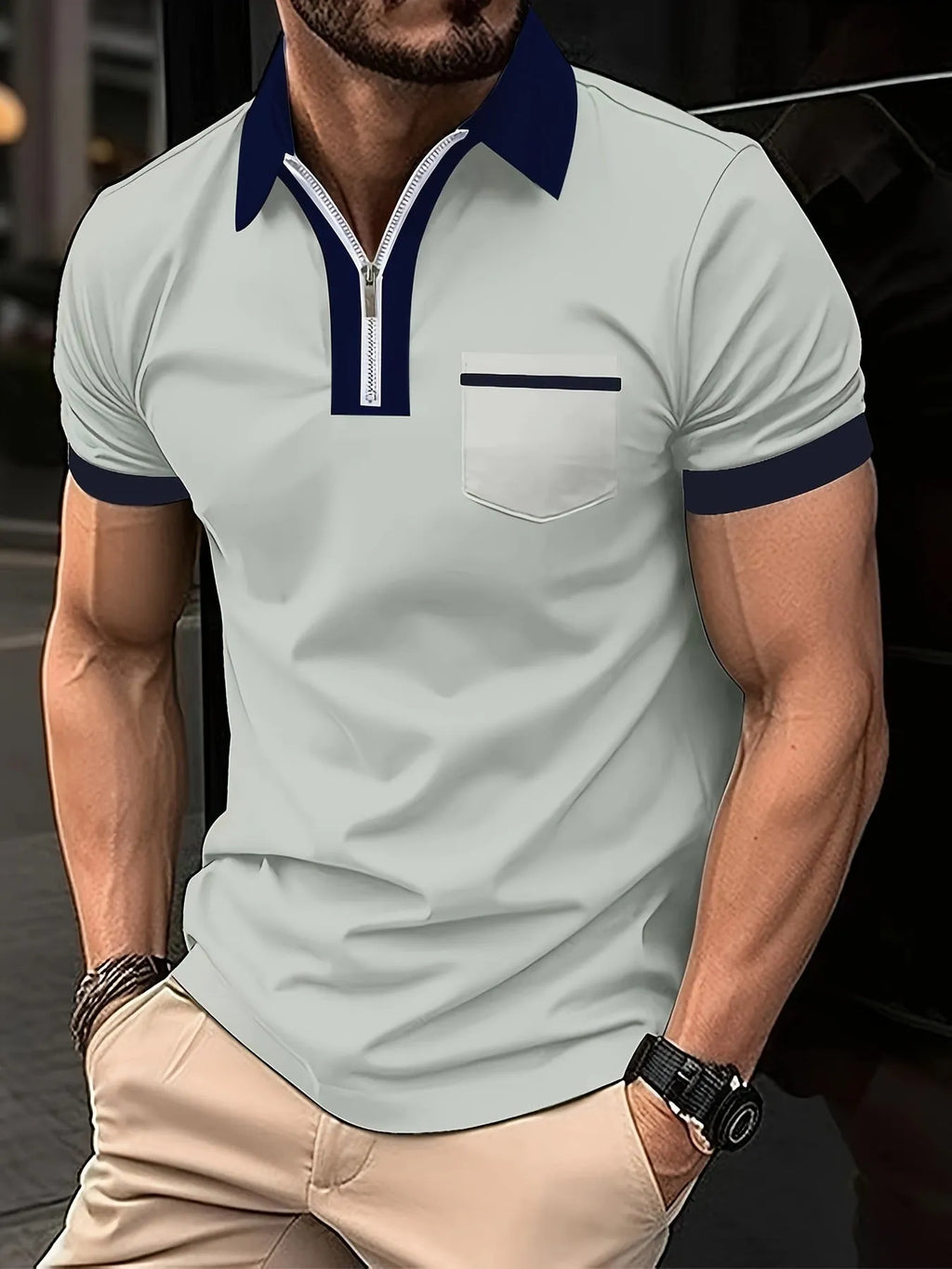 Men's casual short sleeve shirt with chest pocket and zip decorations in multiple colour options