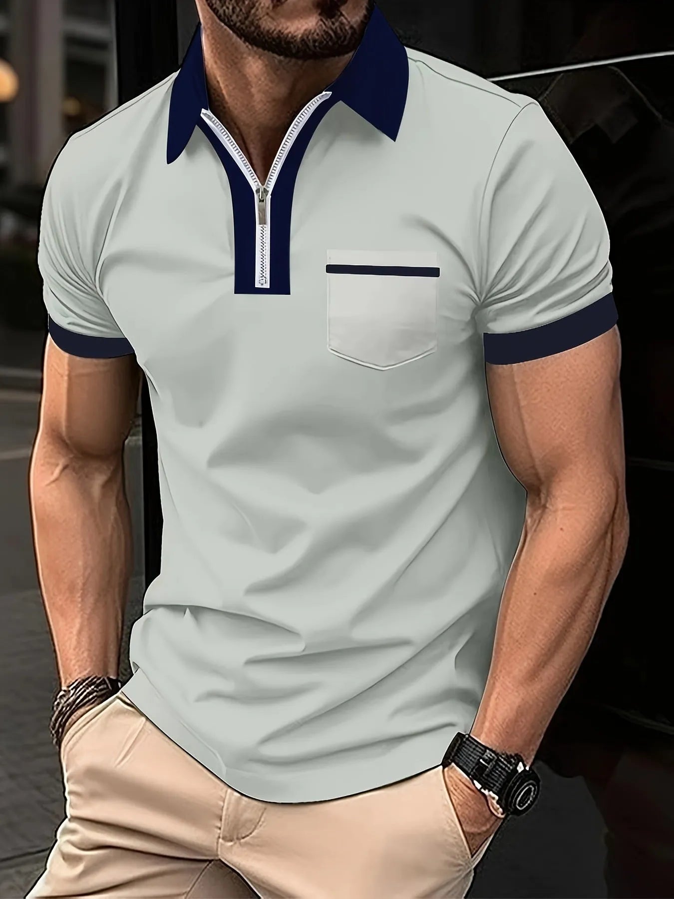 Men's casual short sleeve shirt with chest pocket and zip decorations in multiple colour options