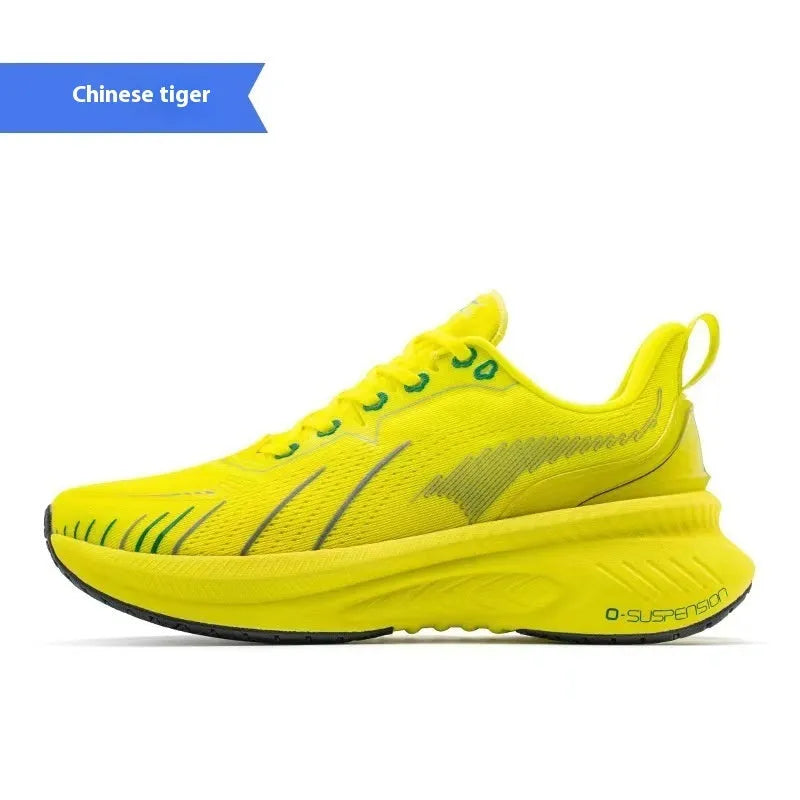 Red Rabbit colour low-top running shoes with stripe pattern, PU mesh upper, and rubber sole.