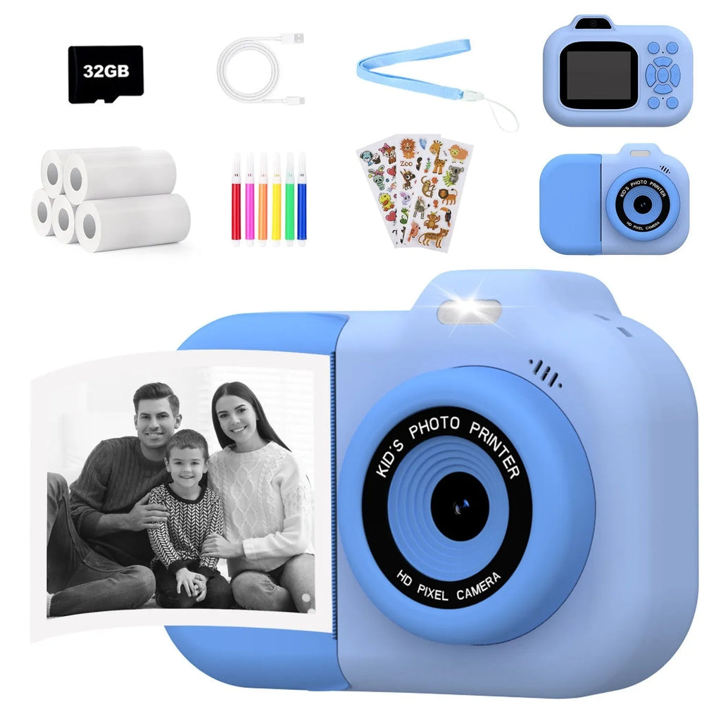Children's plastic camera toy in blue, pink, or purple with screen, buttons, and included charging cable.