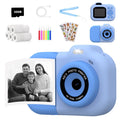 Children's plastic camera toy in blue, pink, or purple with screen, buttons, and included charging cable.