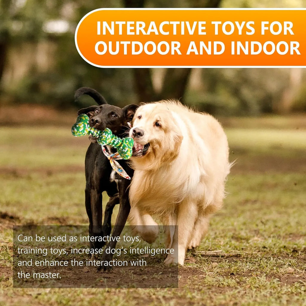 Green and white camouflage patterned natural rubber bone-shaped dog chew toy for large dogs on a wooden floor.