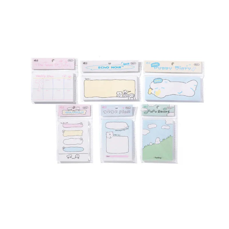 Cartoon hand account collage sticky notes in six styles including Echo Notes and Puppy Diary designs