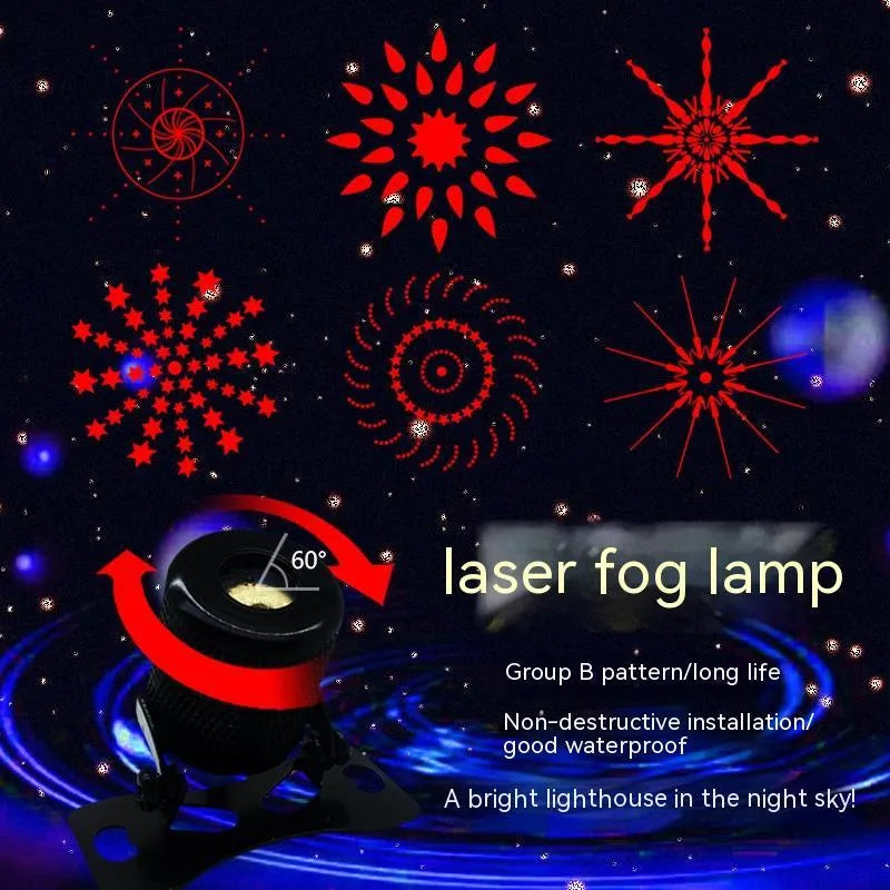 Red laser fog lamp for car or motorcycle with aluminium housing, shown with screws and mounting tape.