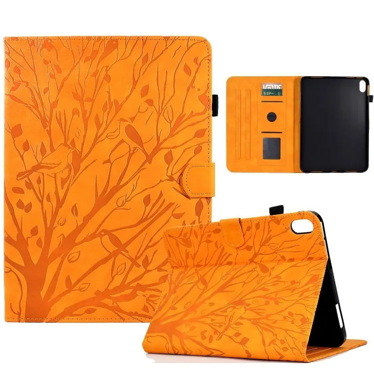 Imitation leather tablet case in khaki colour showing the adjustable stand opened for use.
