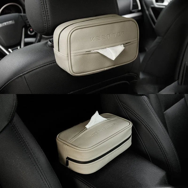Black PU leather hanging storage box for car console organisation, shown with paper bag filler.