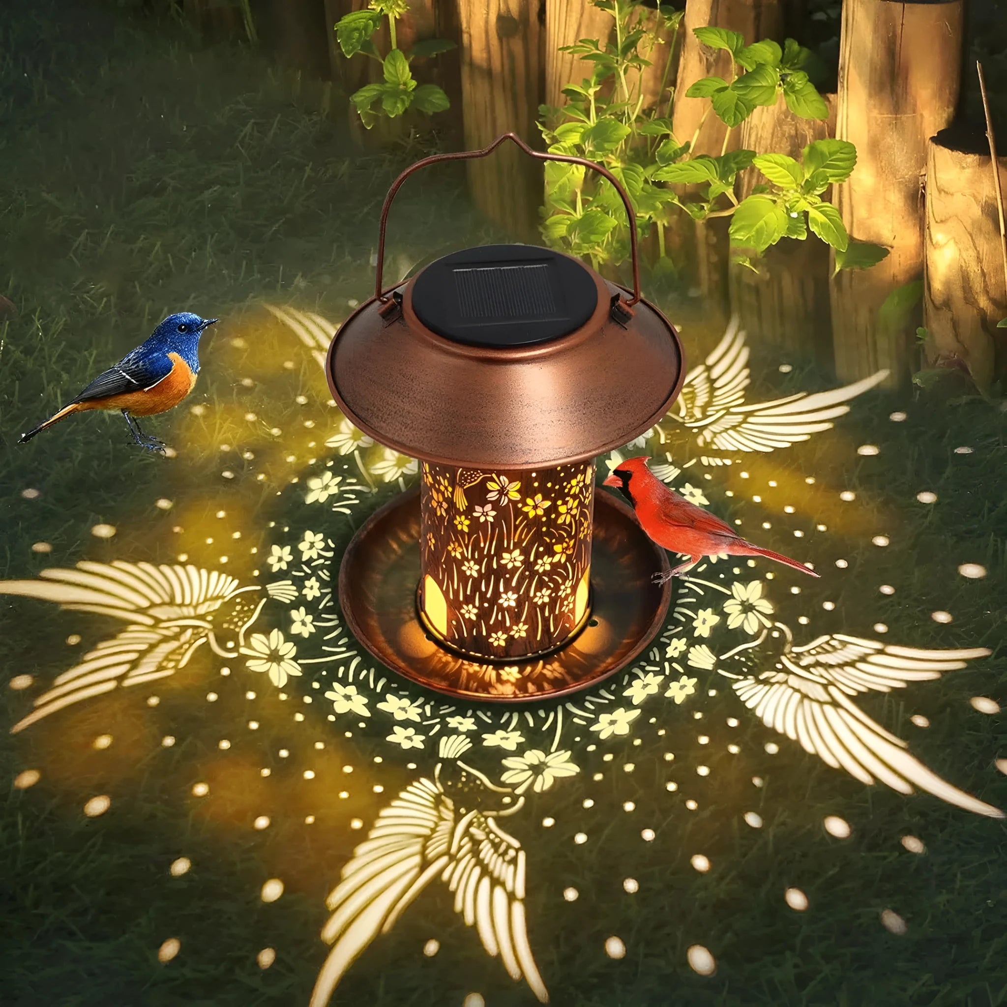 Solar-powered iron bird feeder with hummingbird pattern and integrated garden light