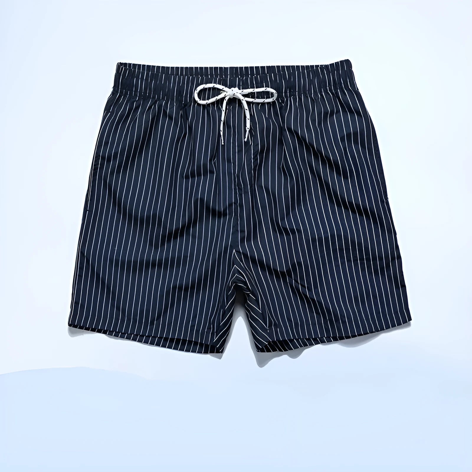 Polyester striped beach shorts with triangle lining in navy blue colour with straight leg openings